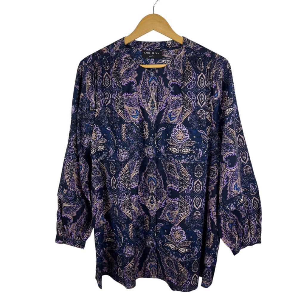 Lane Bryant Paisley Button Down Shirt Size 14 Long Sleeve Cotton Boho Chic Fall‎